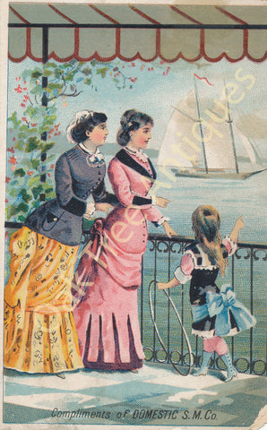 Victorian Trade Card - Domestic Sewing Machines - Seaside view with women and girl