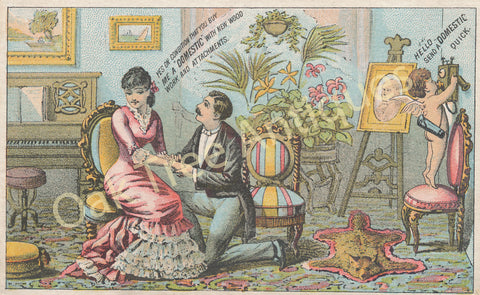 Victorian Trade Card - Domestic Sewing Machines - Cupid and Wedding Proposal - C. P. Hawley, Garrettsville, Ohio