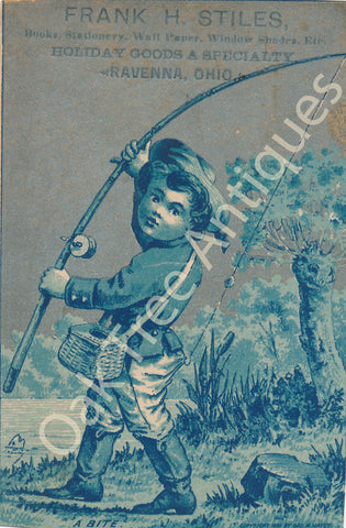Victorian Trade Card - Boy fishing - Frank H. Stiles Books, Stationery etc. - Ravenna, Ohio - Gilt