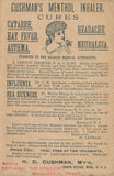 Victorian Trade Card - Cushman's Menthol Inhaler - Girl on stairs - Three Rivers, Michigan - Copland Druggist, Meyersdale, Pa.
