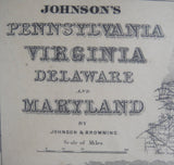 Johnson's Pennsylvania, Virginia, Delaware, and Maryland, hand-colored 1861 map