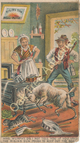 Victorian Trade Card - Rising Sun Stove Polish - Goat in Mrs. Murphy's Kitchen