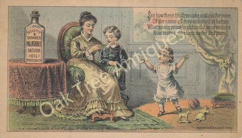Victorian Trade Card - Scott & Bowne's Palatable Castor Oil - Family Scene