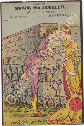 Victorian Trade Card - Swain the Jeweler - Ravenna, Ohio - Lovers in front of wall
