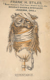 Victorian Trade Card - Owl - Repentance - Frank H. Stiles Books, Stationery etc. - Ravenna, Ohio