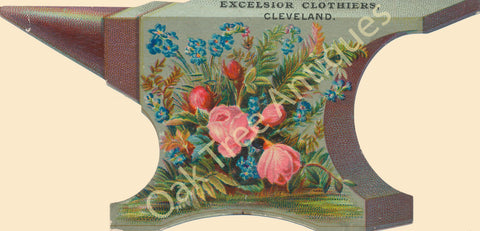 Victorian Trade Card - Anvil Die Cut with Flowers - Excelsior Clothiers, Cleveland, Ohio