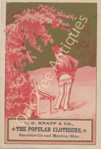 Victorian Trade Card - C. G. Knapp & Co. Popular Clothiers, Mantua and Garrettsville, Ohio - Man on Painted Bench