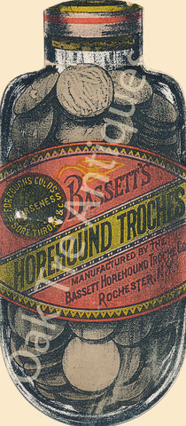 Victorian Trade Card - Die-Cut Bottle - Bassett's Hourehound Troches - Rochester, NY - Medicine