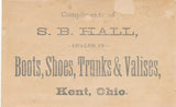 Victorian Trade Card - S.B. Hall Boots, Shoes, Trunks, Valises, Kent, Ohio - Girl picking fruit