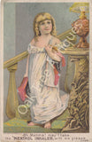Victorian Trade Card - Cushman's Menthol Inhaler - Girl on stairs - Three Rivers, Michigan - Copland Druggist, Meyersdale, Pa.