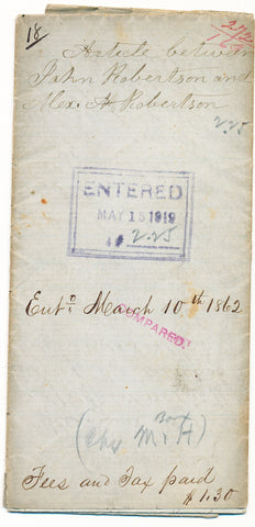 1857 Legal Agreement John Robertson and Alexander Robertson, Beaver Co., PA
